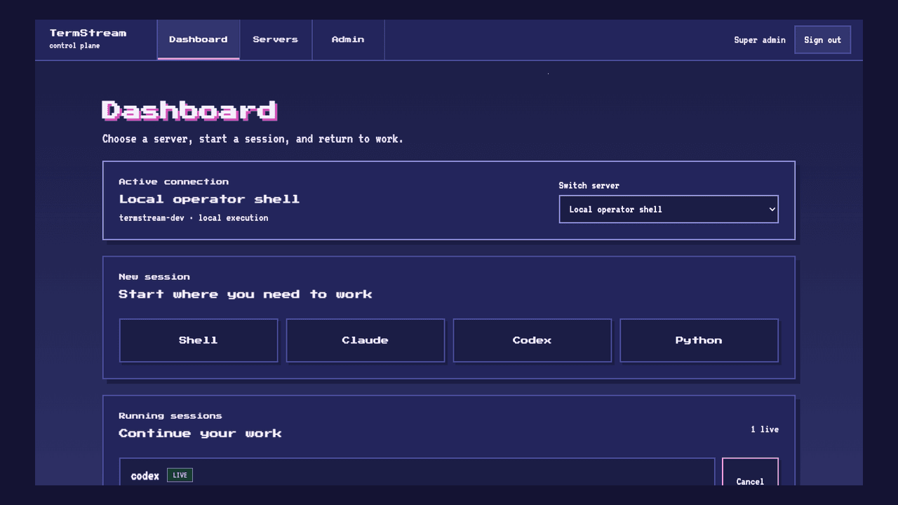 TermStream dashboard showing server selection, AI session launch controls, and a running session